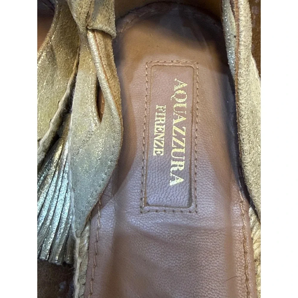 Aquazzura Gold Metallic Pom Pom Tassel Lace Up Espadrille Flats EU 38.5 Spain